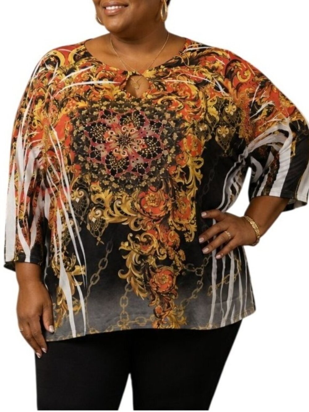 Beverly Drive Plus Size XL Top Floral Chain Print Keyhole/3/4 Sleeves